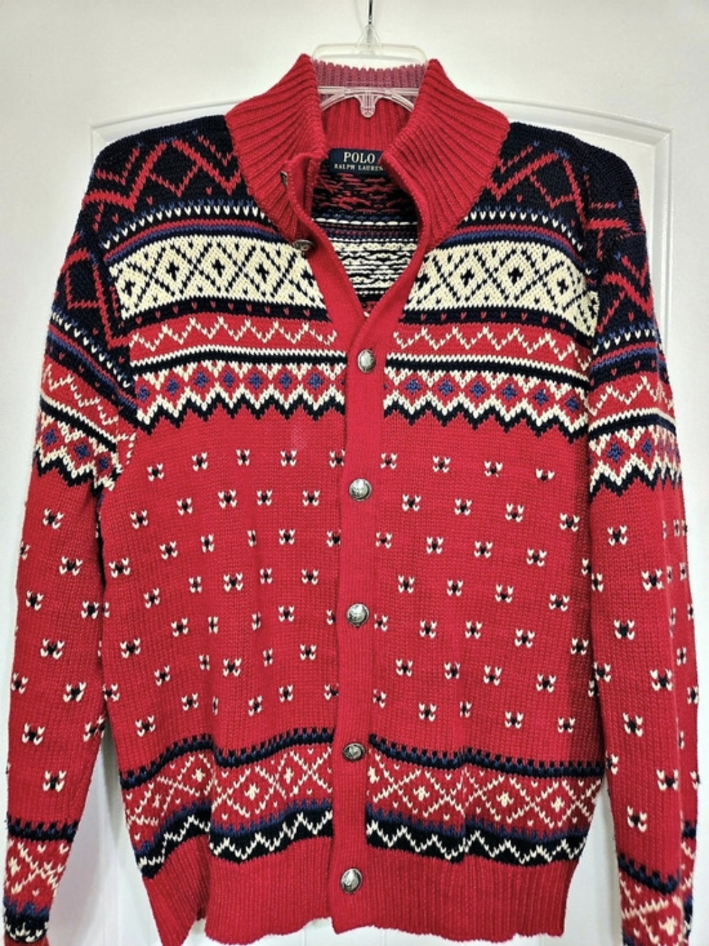 Polo Ralph Lauren Fair Isle Cotton-Linen Buffalo Nickel Button Cardigan Red &